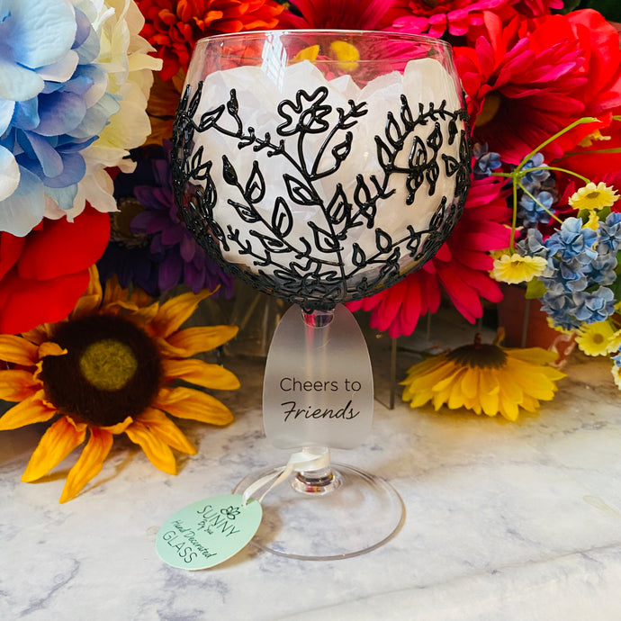 Cheers To Friends Wine Glass with Black Vines Decor