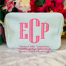 Load image into Gallery viewer, Seersucker Cosmetic Bags Personalized | FREE Shipping | All Sales Final