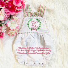Load image into Gallery viewer, Seersucker Baby Bubble Personalized Single Initial w/Wreath Bow | FREE Shipping | All Sales Final