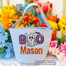 Load image into Gallery viewer, Personalized Light Blue Gingham Halloween Bucket | Embroidered BOO Ghost Trick or Treat Girls Basket | Custom Name Candy Bag | FREE Shipping | All Sales Final