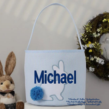 Load image into Gallery viewer, Seersucker Easter Basket Blue with Bunny and Pom Pom Tail Personalized | FREE Shipping | All Sales Final