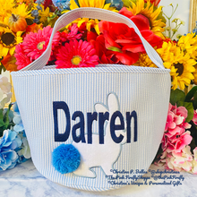 Load image into Gallery viewer, Seersucker Easter Basket Blue with Bunny and Pom Pom Tail Personalized | FREE Shipping | All Sales Final