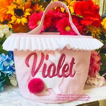 Load image into Gallery viewer, Seersucker Easter Basket Pink with Bunny and Pom Pom Tail Personalized | FREE Shipping | All Sales Final