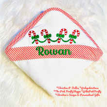 Load image into Gallery viewer, Red Embroidered Seersucker Kid's Hooded Bath Towel | Christmas Hooded Bath Towel | Candy Cane Bath Towel | FREE Shipping | All Sales Final