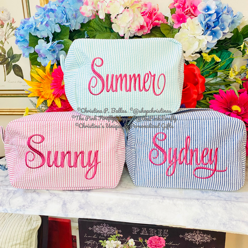 Seersucker Cosmetic Bags Personalized | Free Shipping