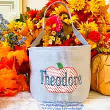 Load image into Gallery viewer, Halloween Bucket Blue Gingham w/Pumpkin Design Personalized | FREE Shipping | All Sales Final