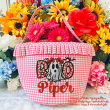 Load image into Gallery viewer, Personalized Hot Pink Gingham Halloween Bucket | Embroidered BOO Ghost Trick or Treat Girls Basket | Custom Name Candy Bag | FREE Shipping | All Sales Final
