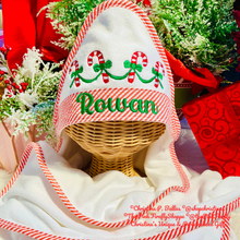 Load image into Gallery viewer, Red Embroidered Seersucker Kid's Hooded Bath Towel | Christmas Hooded Bath Towel | Candy Cane Bath Towel | FREE Shipping | All Sales Final