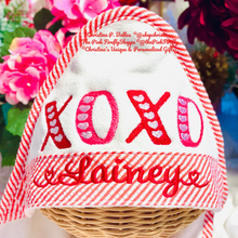 Load image into Gallery viewer, Red Embroidered Valentine's Seersucker Kid's Hooded Bath Towel | Valentine's Hooded Bath Towel | XOXO Bath Towel | FREE Shipping