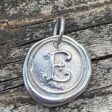 Load image into Gallery viewer, Waxing Poetic Round Initial Silver Charm Letter E