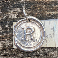 Load image into Gallery viewer, Waxing Poetic Round Initial Silver Charm Letter R