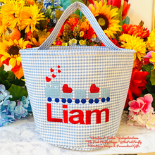 Load image into Gallery viewer, Blue Gingham Valentine's Train Hearts Bag Personalized for Boys