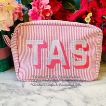 Load image into Gallery viewer, Seersucker Cosmetic Case Personalized in Shadow Block Lettering | Free Shipping