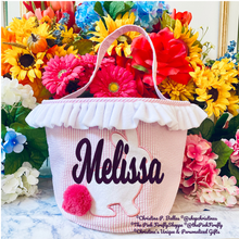Load image into Gallery viewer, Seersucker Easter Basket Pink with Bunny and Pom Pom Tail Personalized | FREE Shipping | All Sales Final