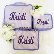 Load image into Gallery viewer, Personalized Packing Cubes Set of 3 Purple Seersucker | Monogram Travel Set | Embroidered Suitcase Cubes | FREE Shipping | All Sales Final
