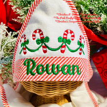 Load image into Gallery viewer, Red Embroidered Seersucker Kid's Hooded Bath Towel | Christmas Hooded Bath Towel | Candy Cane Bath Towel | FREE Shipping | All Sales Final