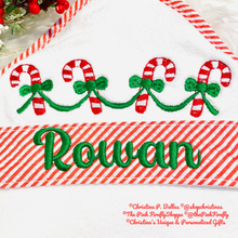Load image into Gallery viewer, Red Embroidered Seersucker Kid's Hooded Bath Towel | Christmas Hooded Bath Towel | Candy Cane Bath Towel | FREE Shipping | All Sales Final