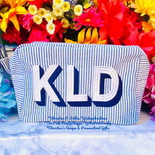 Load image into Gallery viewer, Seersucker Cosmetic Case Personalized in Shadow Block Lettering | Free Shipping