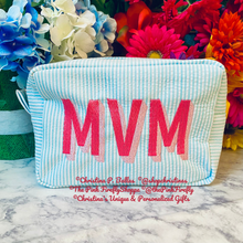 Load image into Gallery viewer, Seersucker Cosmetic Case Personalized in Shadow Block Lettering | Free Shipping