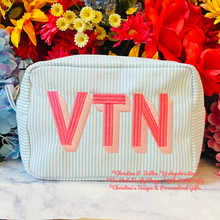 Load image into Gallery viewer, Seersucker Cosmetic Case Personalized in Shadow Block Lettering | Free Shipping