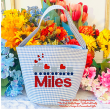 Load image into Gallery viewer, Blue Gingham Valentine's Train Hearts Bag Personalized for Boys | FREE Shipping | All Sales Final
