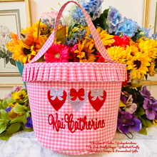 Load image into Gallery viewer, Personalized Hot Pink Gingham Valentine's Bucket for Girls | Embroidered Hearts Bag | FREE Shipping | All Sales Final