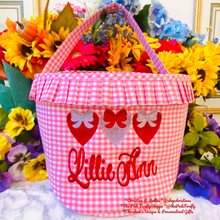 Load image into Gallery viewer, Personalized Hot Pink Gingham Valentine's Bucket for Girls | Embroidered Hearts Bag | FREE Shipping | All Sales Final