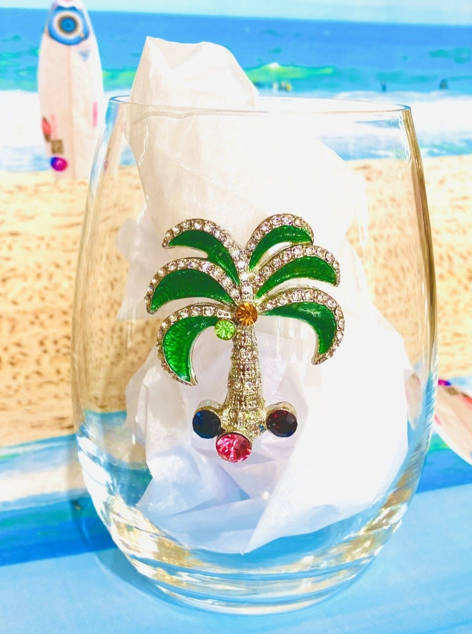 Multicolored Palm Tree Jeweled Stemless Wine Glass