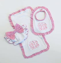 Load image into Gallery viewer, Pink Gingham Ruffle Burp Cloth, Bib &amp; Bow Diaper Cover (Set)
