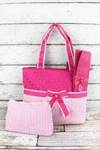 Load image into Gallery viewer, Seersucker Diaper Bag Set with Bow with Monogram