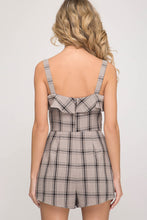 Load image into Gallery viewer, She + Sky Woven Plaid Print Romper with Ruffled Hem &amp; Pockets in Stone
