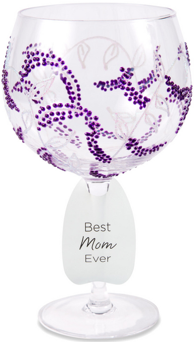 Best Mom Ever Wine Glass with Purple Flowers Decor