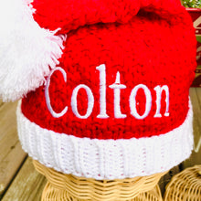 Load image into Gallery viewer, Christmas Knitted Santa Hat/Beanie with Pom Pom Ball Personalized for Kids (5 and Under)