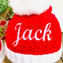Load image into Gallery viewer, Christmas Knitted Santa Hat/Beanie with Pom Pom Ball Personalized for Kids (5 and Under)