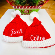 Load image into Gallery viewer, Christmas Knitted Santa Hat/Beanie with Pom Pom Ball Personalized for Kids (5 and Under)