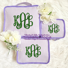 Load image into Gallery viewer, Personalized Packing Cubes Set of 3 Purple Seersucker | Monogram Travel Set | Embroidered Suitcase Cubes | FREE Shipping | All Sales Final
