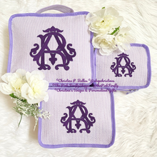 Load image into Gallery viewer, Personalized Packing Cubes Set of 3 Purple Seersucker | Monogram Travel Set | Embroidered Suitcase Cubes | FREE Shipping | All Sales Final
