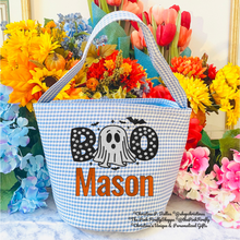 Load image into Gallery viewer, Personalized Light Blue Gingham Halloween Bucket | Embroidered BOO Ghost Trick or Treat Girls Basket | Custom Name Candy Bag | FREE Shipping | All Sales Final
