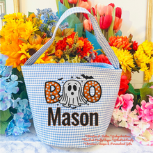Load image into Gallery viewer, Personalized Light Blue Gingham Halloween Bucket | Embroidered BOO Ghost Trick or Treat Girls Basket | Custom Name Candy Bag | FREE Shipping | All Sales Final
