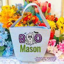 Load image into Gallery viewer, Personalized Light Blue Gingham Halloween Bucket | Embroidered BOO Ghost Trick or Treat Girls Basket | Custom Name Candy Bag | FREE Shipping | All Sales Final
