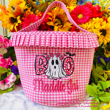 Load image into Gallery viewer, Pink checkered bucket with ghost and 'BOO Maddy Gai' design, surrounded by colorful flowers.

