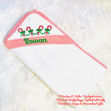 Load image into Gallery viewer, Red Embroidered Seersucker Kid&#39;s Hooded Bath Towel | Christmas Hooded Bath Towel | Candy Cane Bath Towel | FREE Shipping
