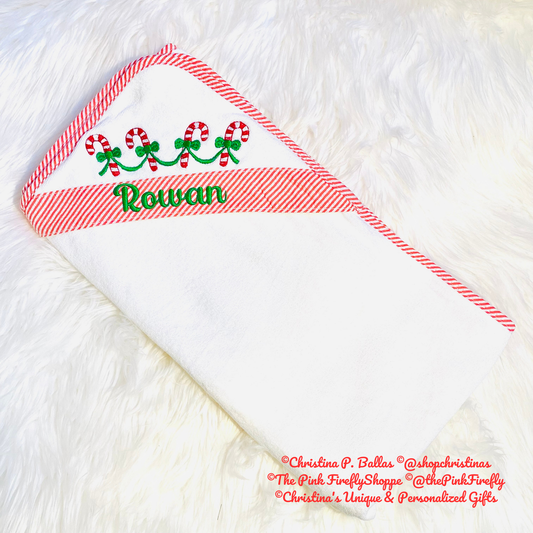 Red Embroidered Seersucker Kid's Hooded Bath Towel | Christmas Hooded Bath Towel | Candy Cane Bath Towel | FREE Shipping