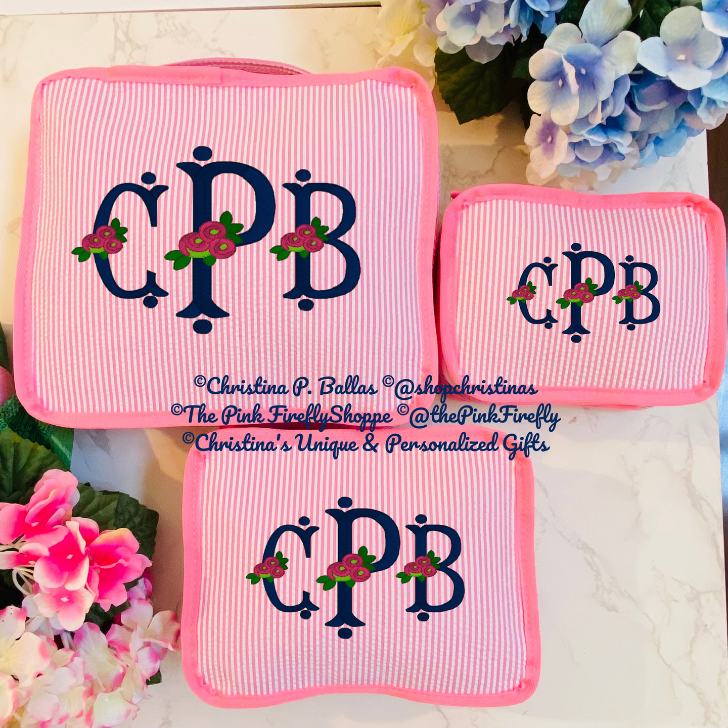 Personalized Packing Cubes Set of 3 | Monogram Travel Set | Embroidered Suitcase Cubes | Fishtail Rose Monogram | FREE Shipping | All Sales Final