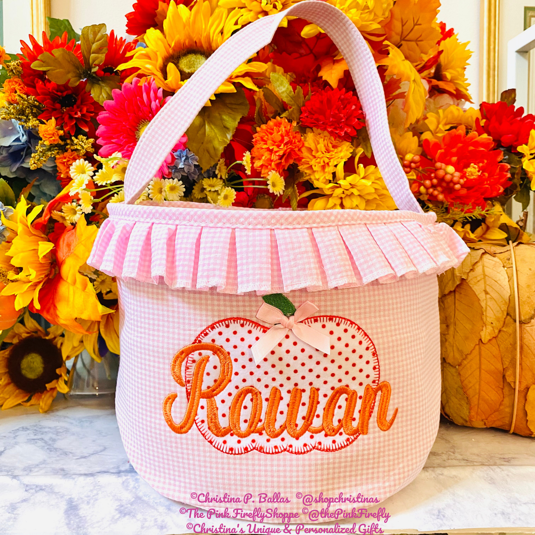 Halloween Bucket Pink Gingham w/Pumpkin Design Personalized