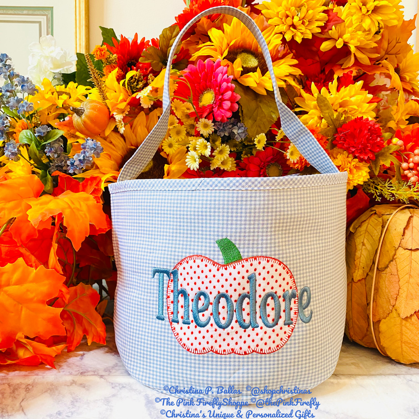 Halloween Bucket Blue Gingham w/Pumpkin Design Personalized | FREE Shipping | All Sales Final