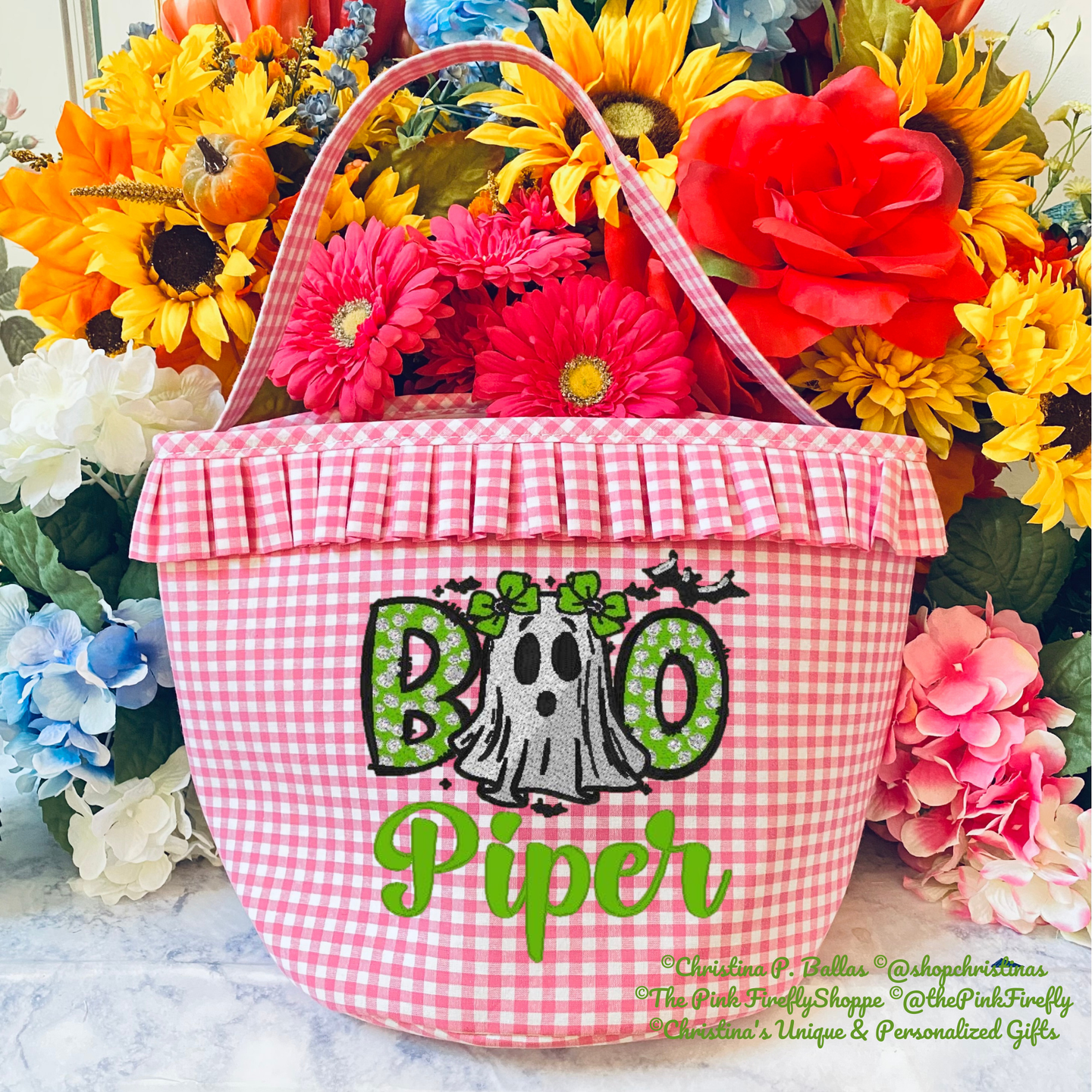 Personalized Hot Pink Gingham Halloween Bucket | Embroidered BOO Ghost Trick or Treat Girls Basket | Custom Name Candy Bag | FREE Shipping | All Sales Final