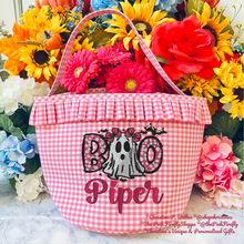 Load image into Gallery viewer, Personalized Hot Pink Gingham Halloween Bucket | Embroidered BOO Ghost Trick or Treat Girls Basket | Custom Name Candy Bag | FREE Shipping | All Sales Final
