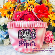 Load image into Gallery viewer, Personalized Hot Pink Gingham Halloween Bucket | Embroidered BOO Ghost Trick or Treat Girls Basket | Custom Name Candy Bag | FREE Shipping | All Sales Final

