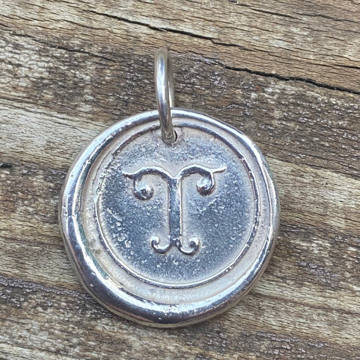 Waxing Poetic Round Initial Silver Charm Letter T